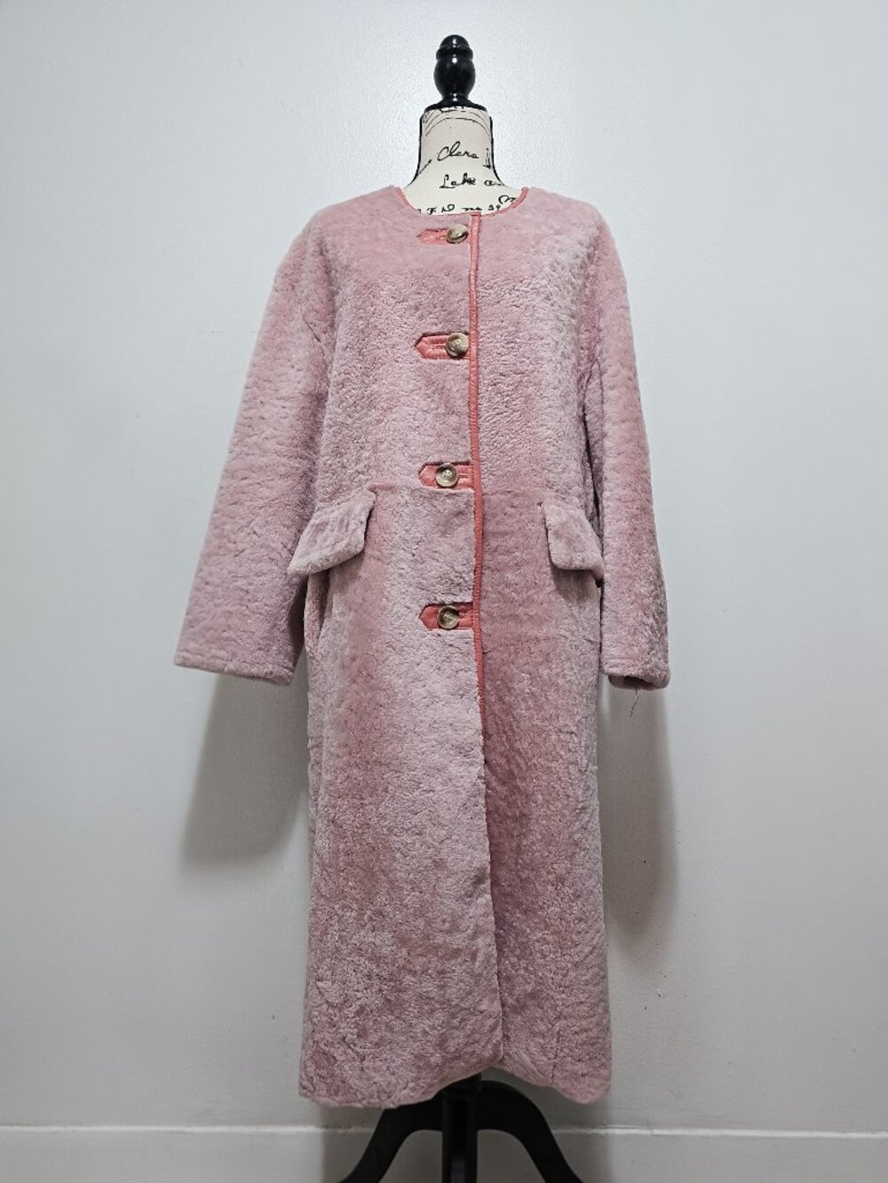 New Real Sheepskin Shearling Lamb Fur Napa Leather Coat Dusky Dusty Pastel Pink